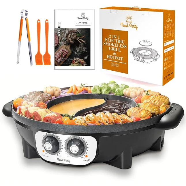 Hot Pot with Grill 2 in 1 Electric Smokeless Grill and Hotpot Pot Combo Korean BBQ Grill 110V 1700W
