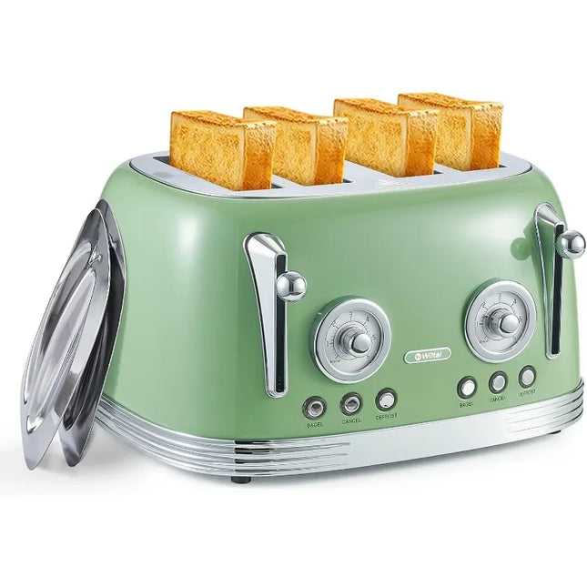 4 Slice, Retro Green Toaster, Bagel Toaster, With Stainless Steel Lid. Reheat, Defrost and Cancel Functions, Countdown Function