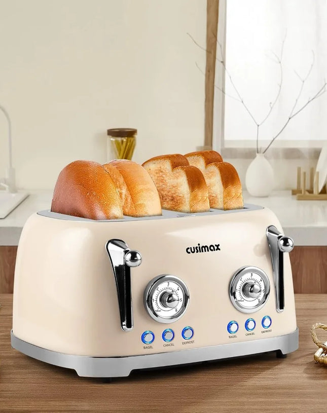 4 Slice Toaster With Wide Slots for Bagels, Stainless Steel, 6 Toast Settings, Bagel, Cancel, Defrost & Reheat Functions, Cream