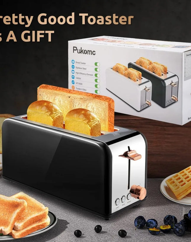 Toaster 4 Slice with Wide Slots, 6 Browning Levels, Stainless Steel, Removable Tray,Cancel/Bagel/Defrost Functions,Black (1400W)