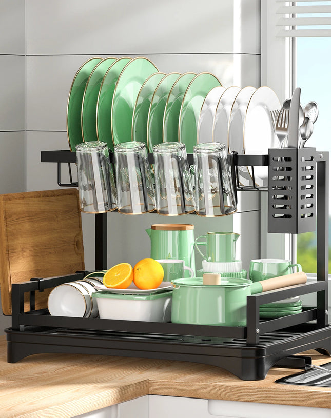 1pc,2 Tier,Dish Drying Rack,Cutlery Rack With Drain Tray And Drip Line,Kitchen Countertop Storage Rack,Kitchen Accessories