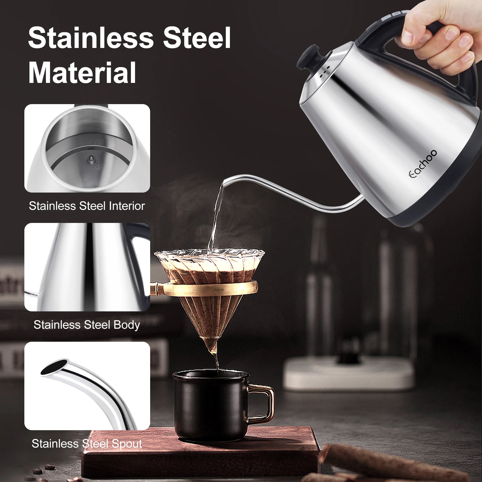 Stainless Steel Electric Gooseneck Kettle with Coffee Dripper, Pour Over Coffee Kettle with Temperature Control, LED Display