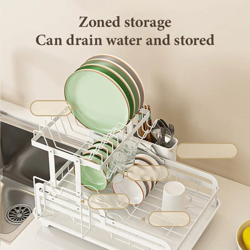 Kitchen Dish Rack 2 Tier Dish Drying Rack with Automatic Drainer Dish Drying Rack, Utensil Rack, Cup Rack, Large Dish Drainer