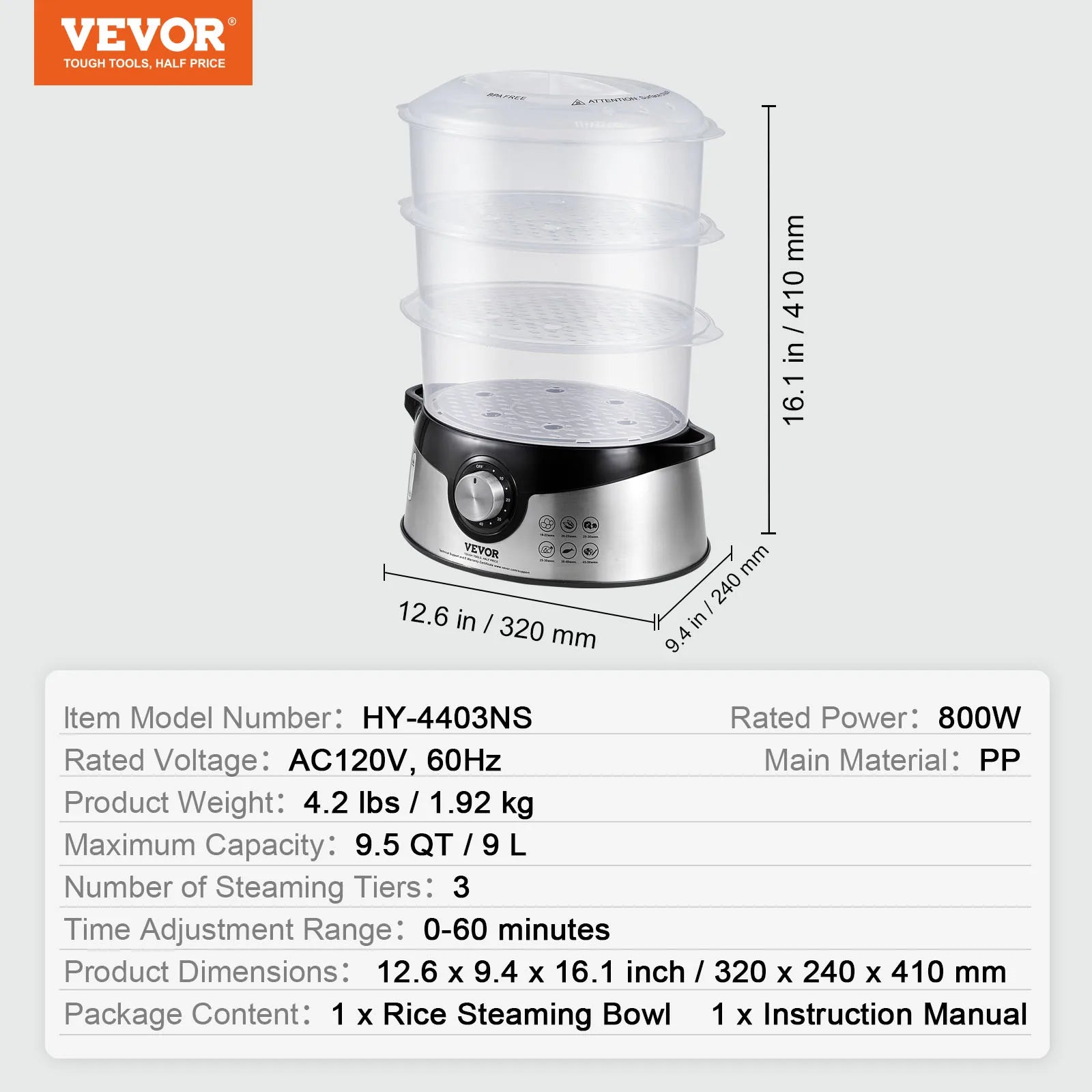 VEVOR Electric Food Steamer 9.5Qt/9L Electric Vegetable Steamer with 3-Tier Stackable Trays 800W Food-Grade Steamer for Cooking