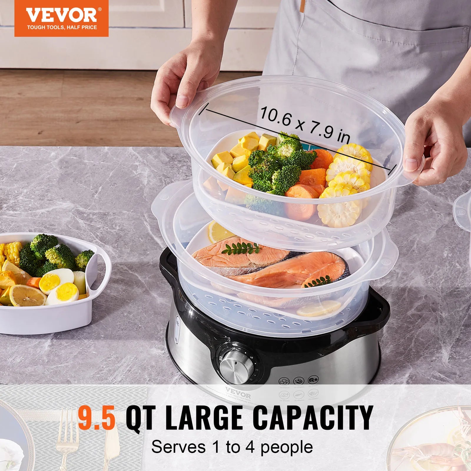 VEVOR Electric Food Steamer 9.5Qt/9L Electric Vegetable Steamer with 3-Tier Stackable Trays 800W Food-Grade Steamer for Cooking