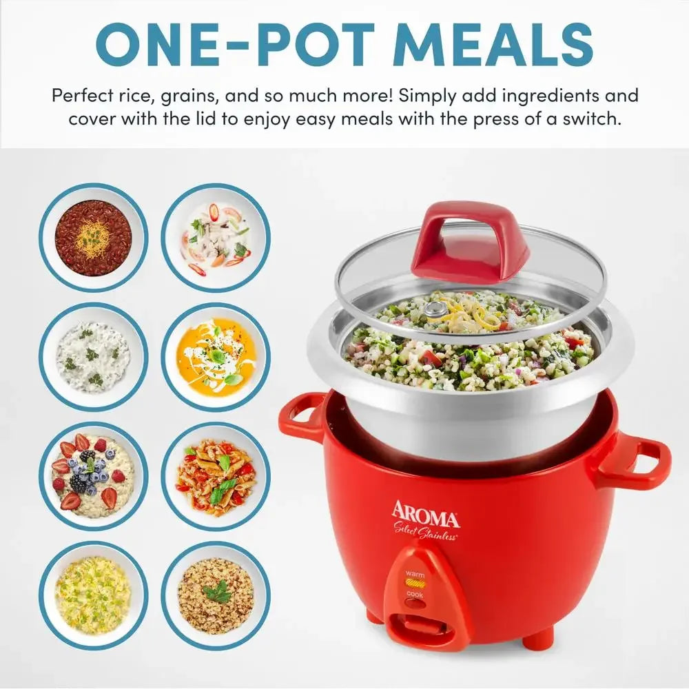 Stainless Rice Cooker Electric One Touch Automatic Cooking Dishwasher Safe Uncoated Inner Pot 6 Cup with Spatula and Measuring