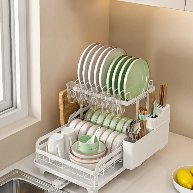 Kitchen Dish Rack 2 Tier Dish Drying Rack with Automatic Drainer Dish Drying Rack, Utensil Rack, Cup Rack, Large Dish Drainer