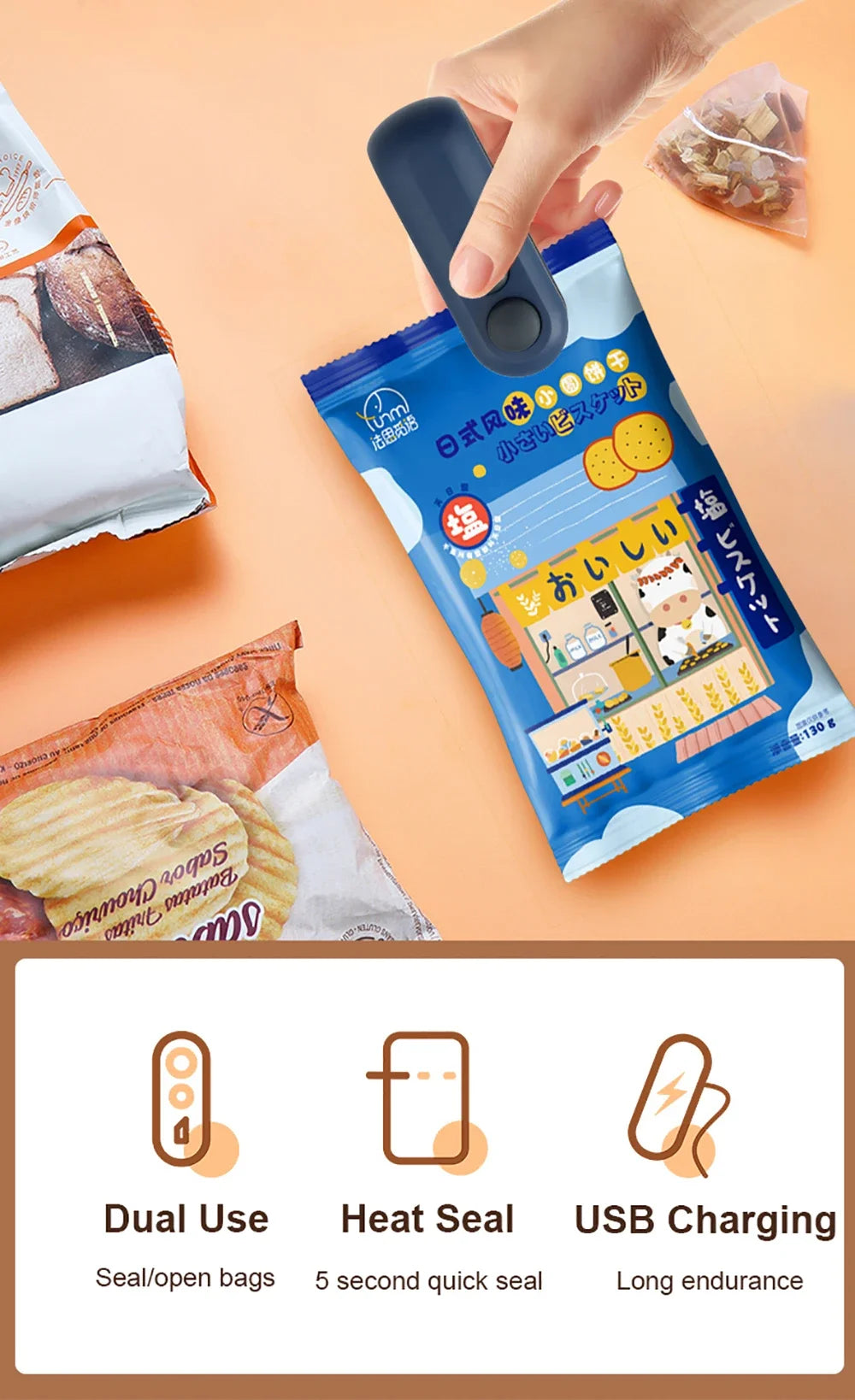 2IN1 Mini Sealing Machine USB Rechargable Heat Sealer Storage Bag Plastic Package Food Sealer Clip Bag Handheld Food Heat Sealer