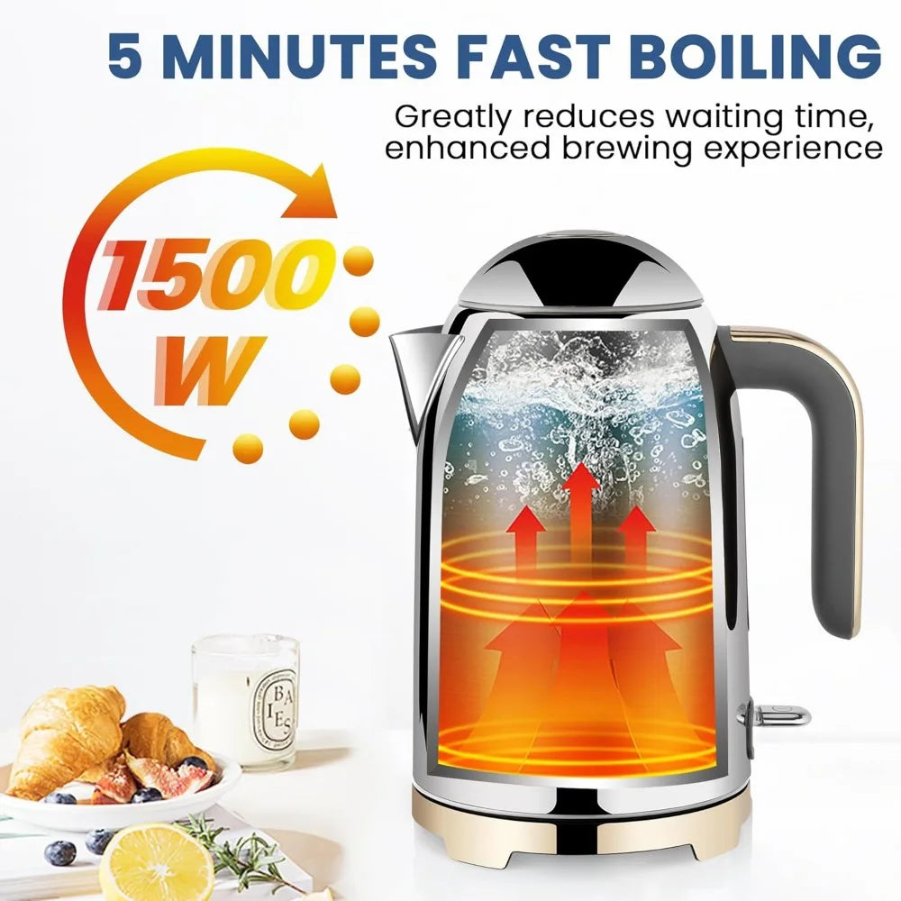 Electric Kettle - 57oz Hot Tea Water Boiler with Thermometer, 1500W Fast Heating Stainless Steel Pot, Cordless LED Indicator