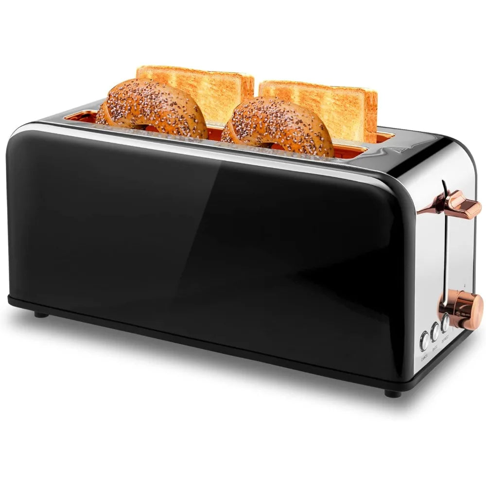 Toaster 4 Slice with Wide Slots, 6 Browning Levels, Stainless Steel, Removable Tray,Cancel/Bagel/Defrost Functions,Black (1400W)