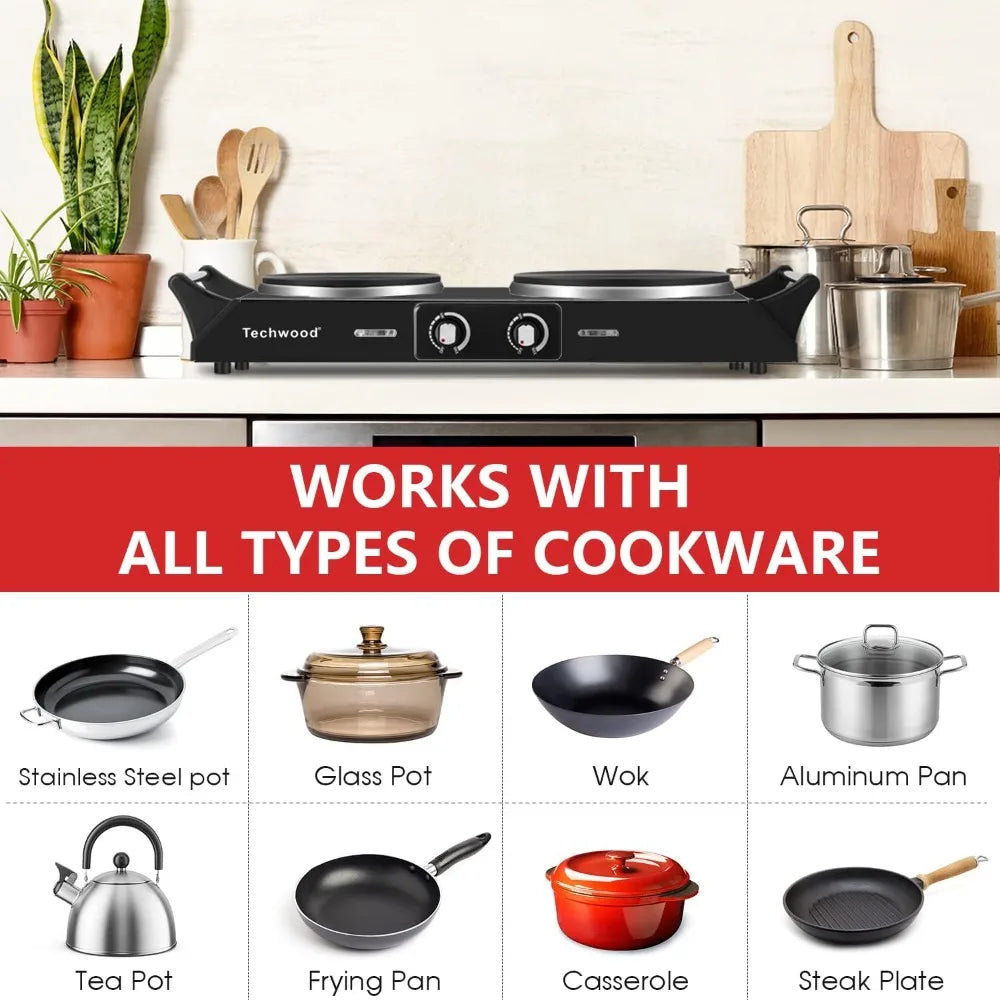 Hot Plate Electric Double Burner 1800W for Cooking with Adjustable Temperature & Stay Cool Handles, Black Stainless Steel