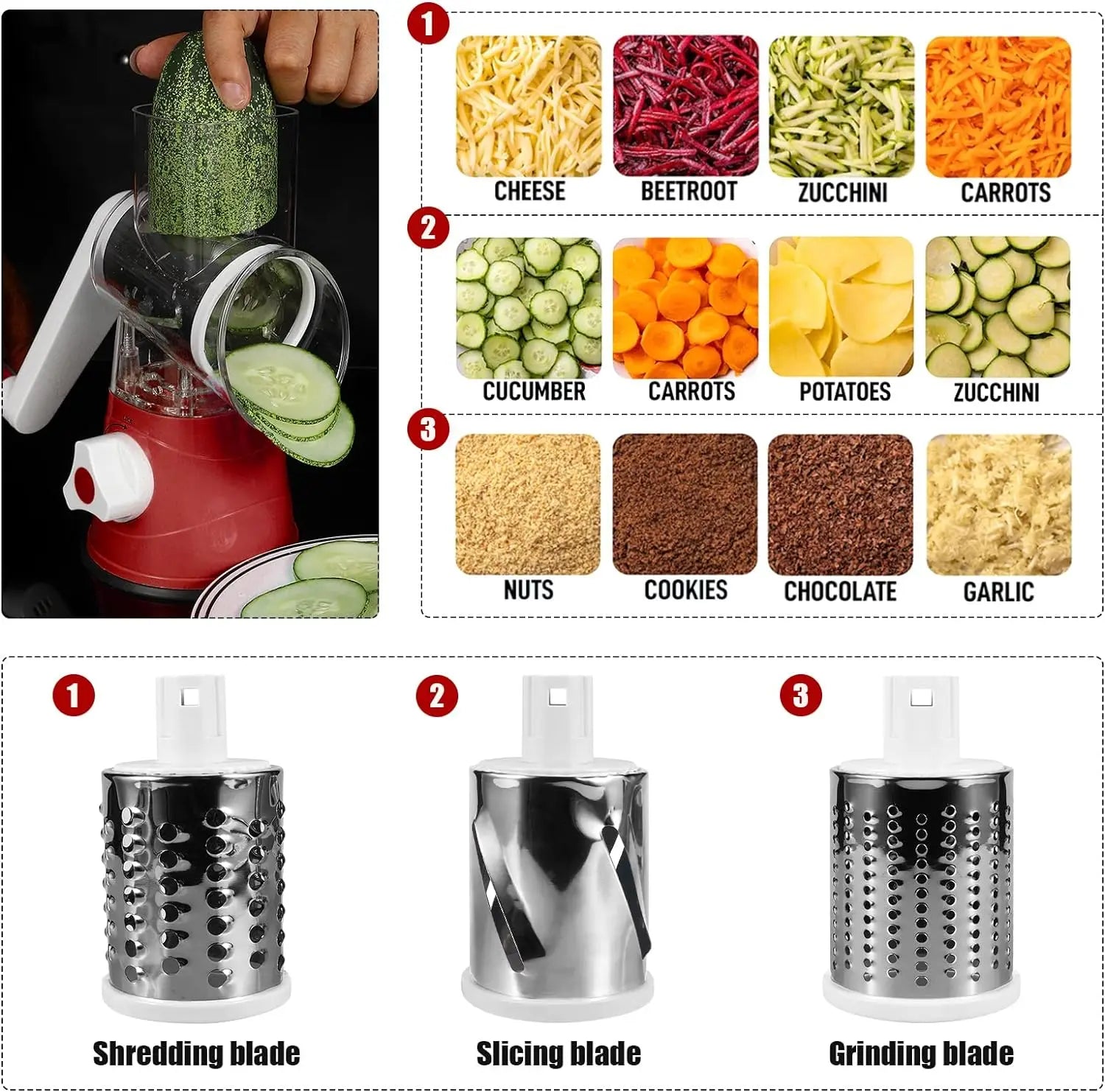 Cheese Grater Rotary, Rotary Grater for Kitchen, 3 in 1 Grater Vegetable Slicer with 3 Drum Blades,Fast Cutting Cheese Shredder