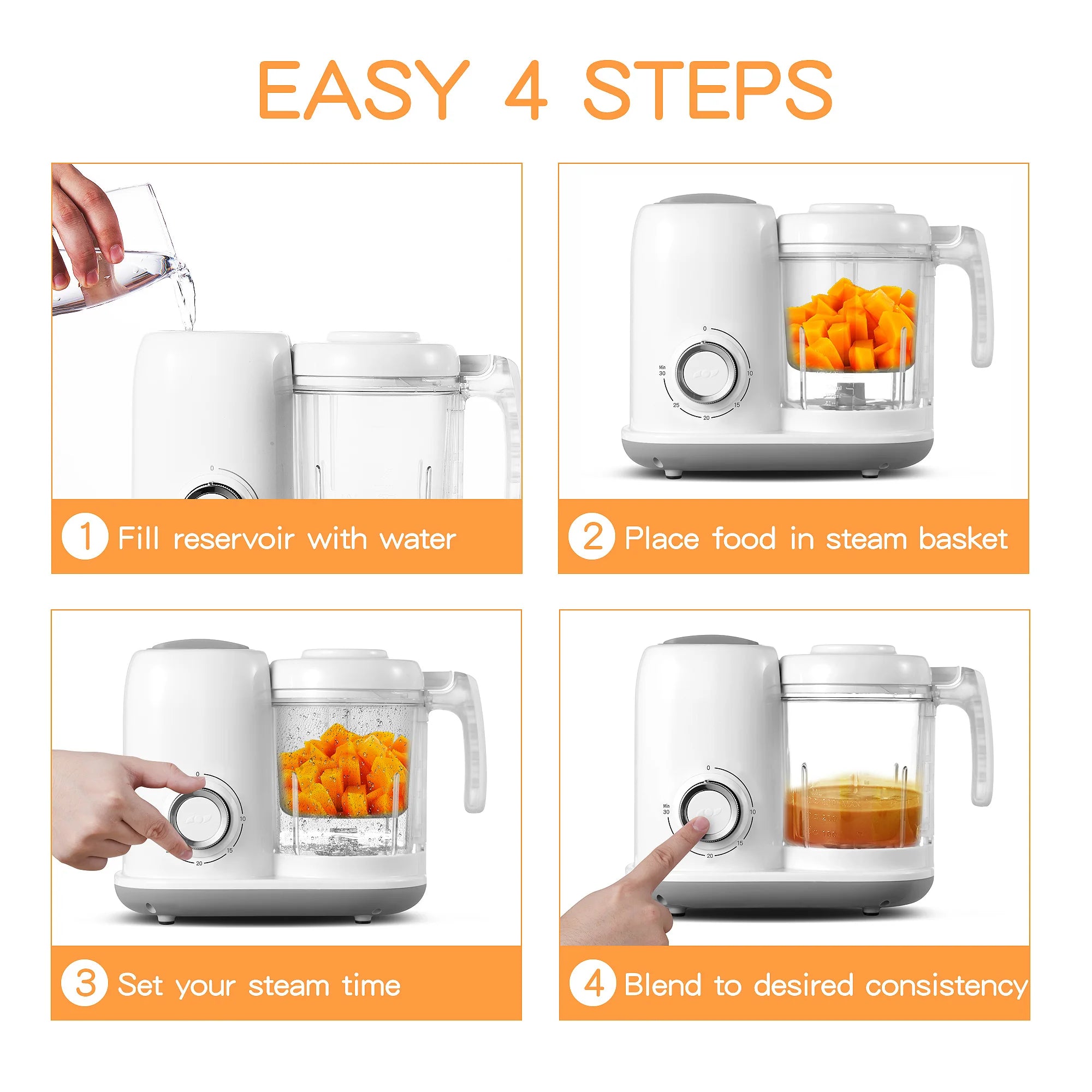 Baby Food Maker, 4 in 1 Baby Food Processor and Steamer, Puree Blender, Multifunctional Baby Puree Maker, Dishwasher Safe White