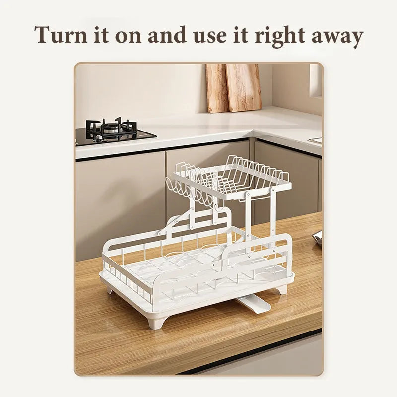 Kitchen Dish Rack 2 Tier Dish Drying Rack with Automatic Drainer Dish Drying Rack, Utensil Rack, Cup Rack, Large Dish Drainer