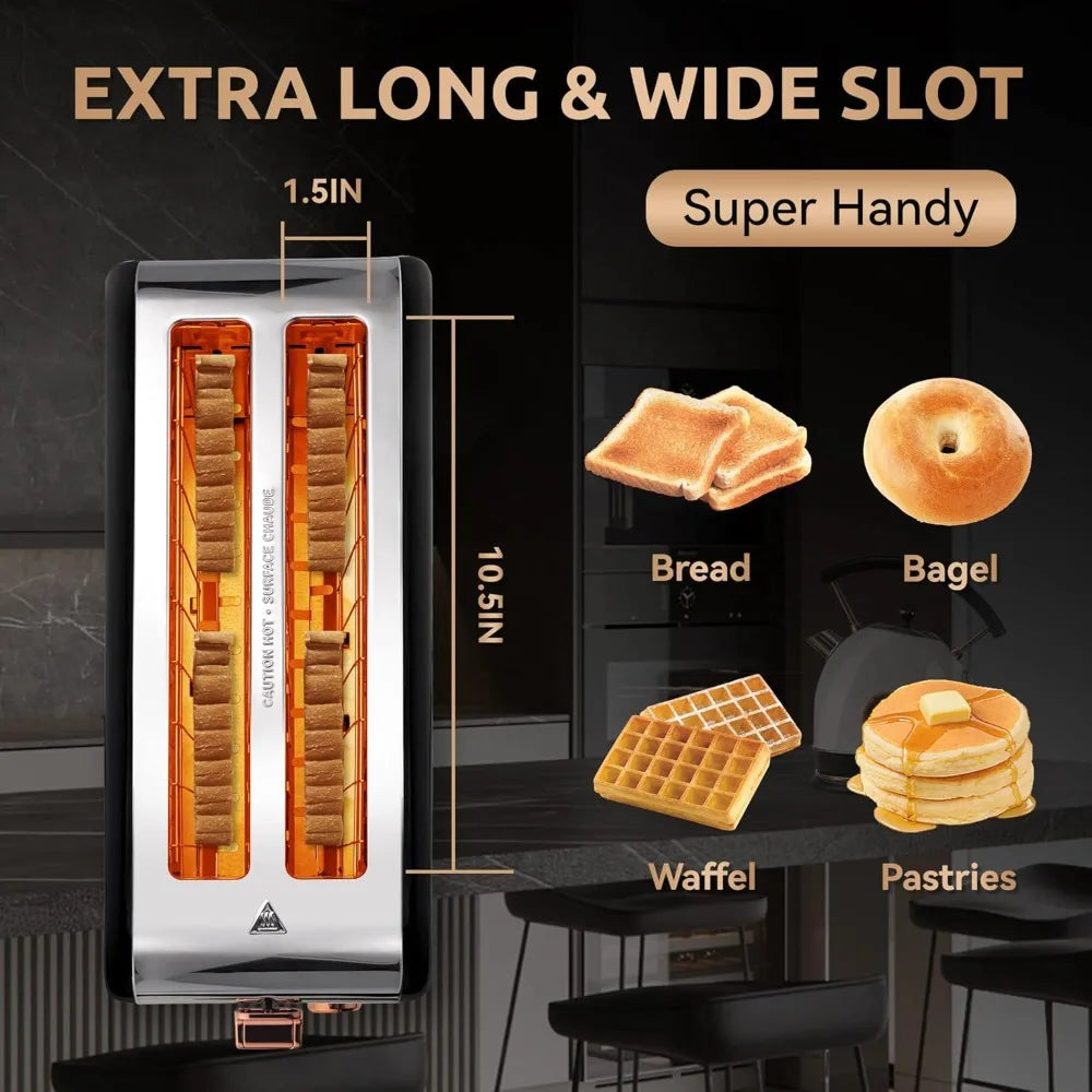 Toaster 4 Slice with Wide Slots, 6 Browning Levels, Stainless Steel, Removable Tray,Cancel/Bagel/Defrost Functions,Black (1400W)