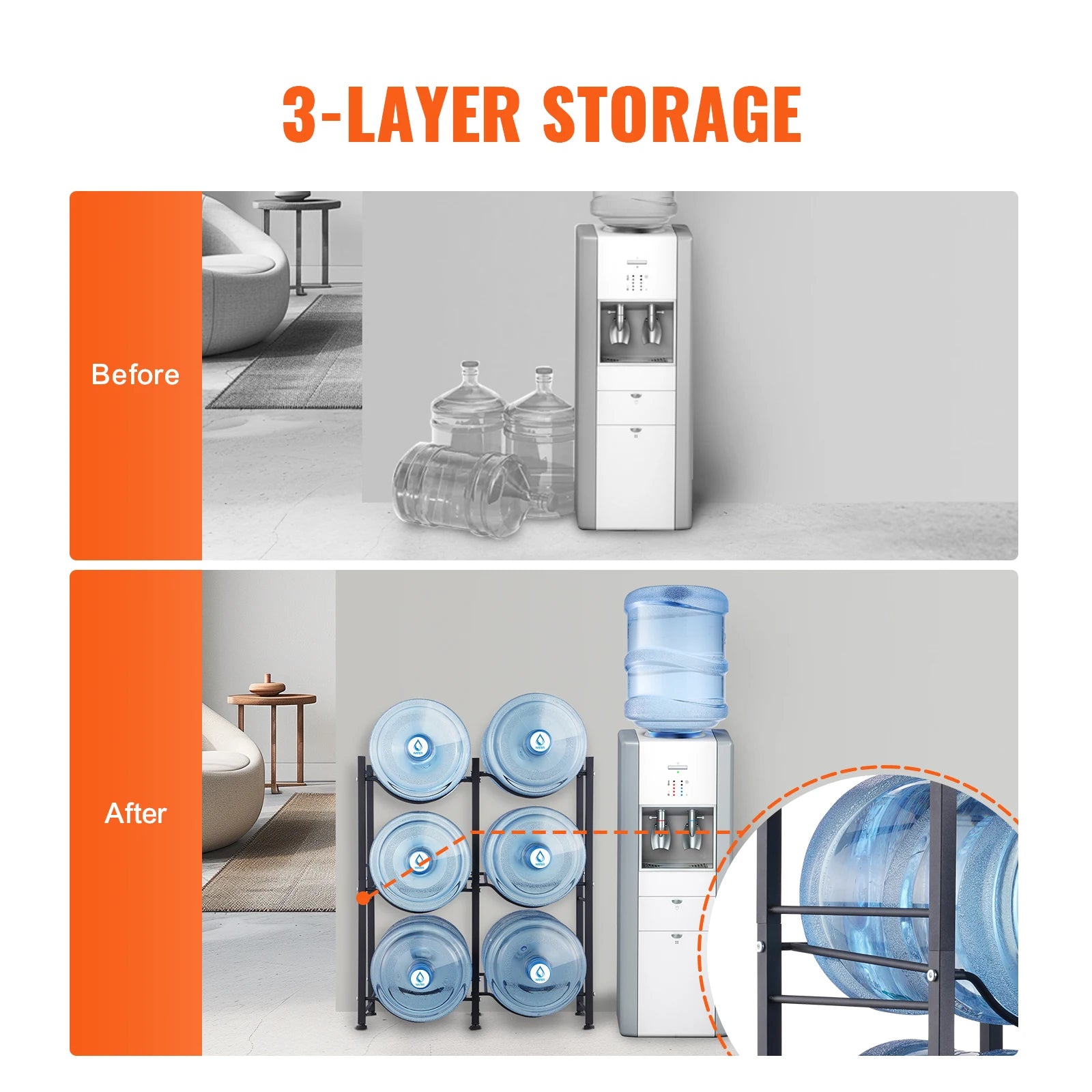 VEVOR 3/4/5 Tiers Water Jug Holder iron Water Bottle Holder Double/Single Row Easy Installation for Kitchen Office Living Room