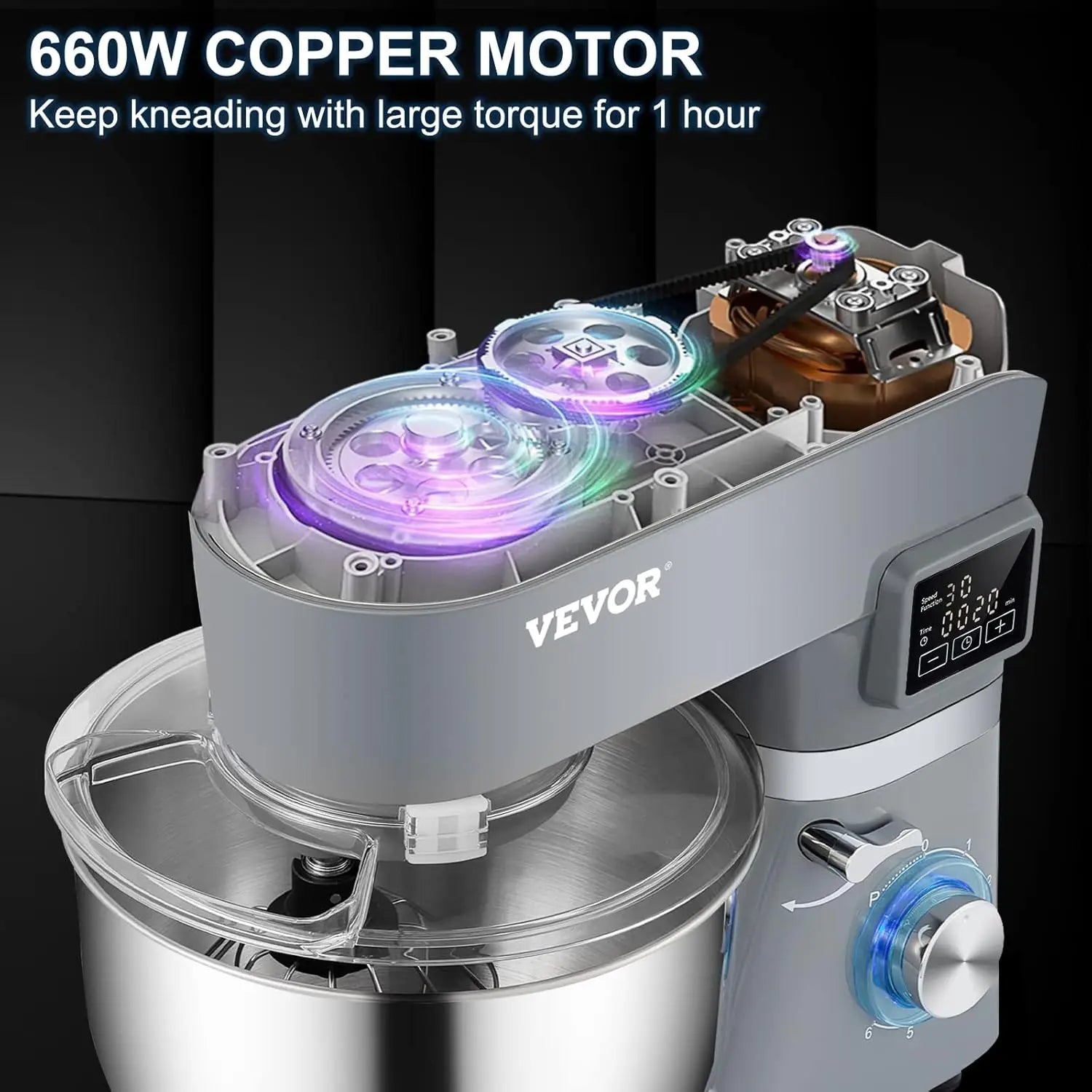 Stand Mixer, 660W Electric Speeds，LCD Screen Timing,5.8 Qt Stainless Steel Bowl, Flat Beater, Whisk, Scraper, Splash-Proof Cover