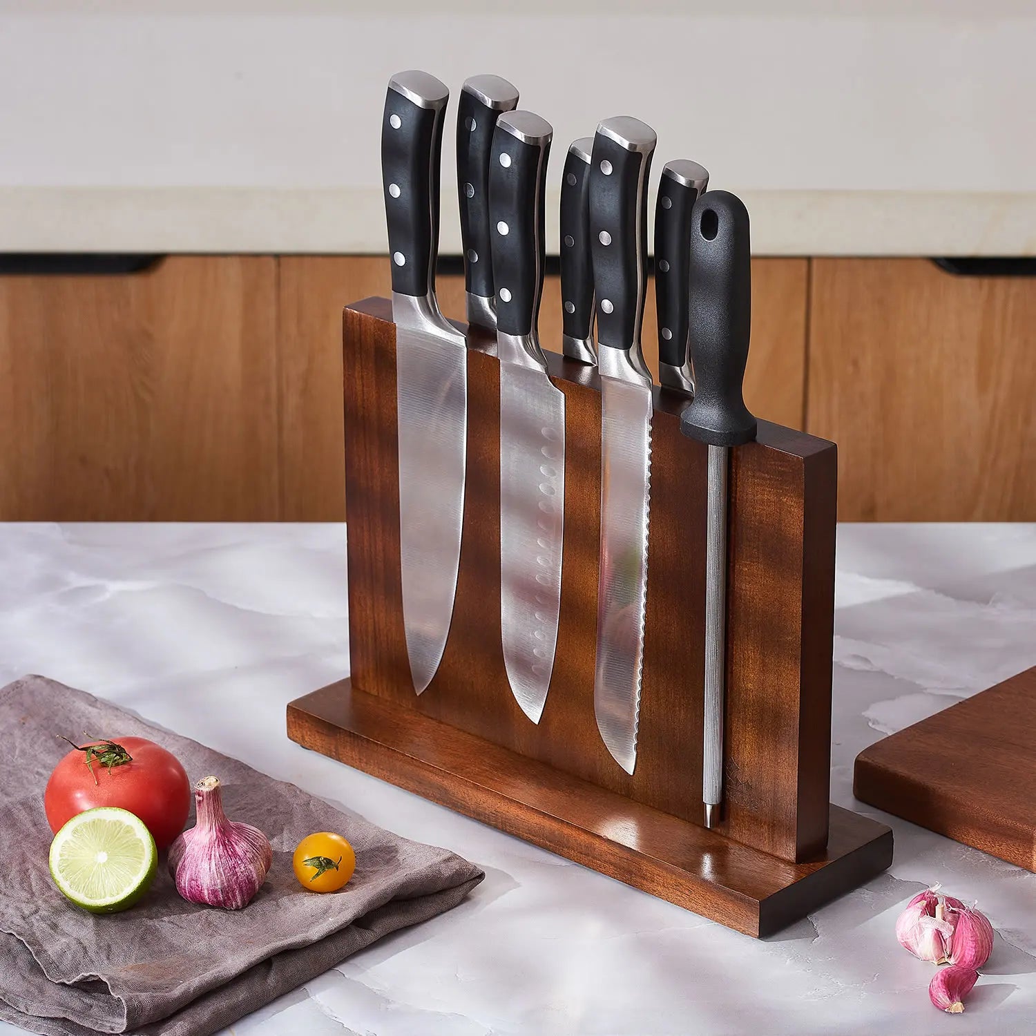 ENOKING Magnetic Knife Block 12.5 x 9 Inches, Double Side Magnetic Knife Holder, Three Powerful Magnets Strip, Acacia Wood