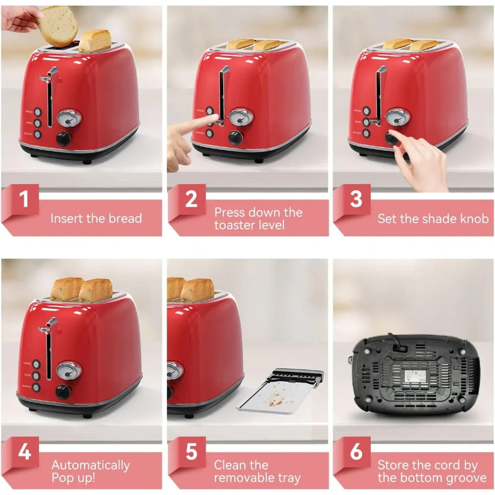 Toaster 2 slice,with 6 Settings, 1.5 In Extra Wide Slots, Bagel/Defrost/Cancel Function, Removable Crumb Tray (Red)