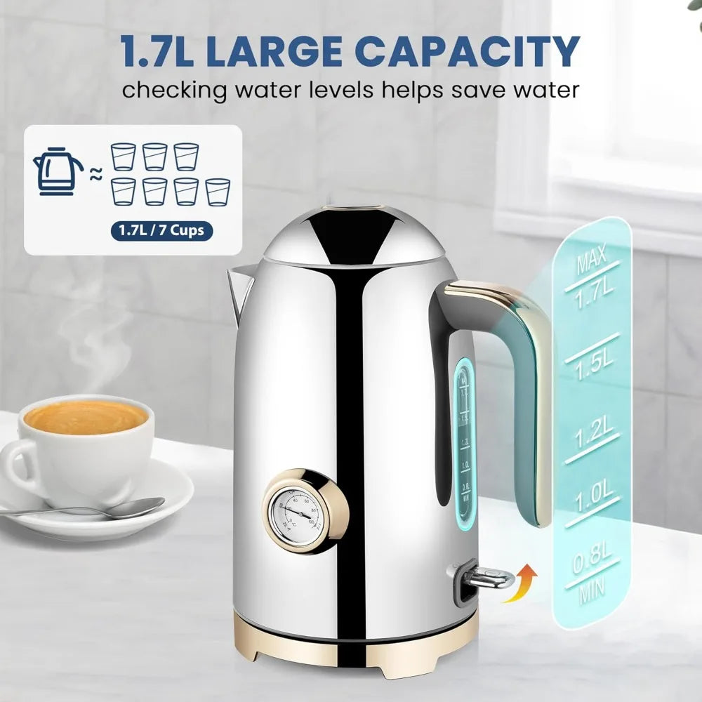 Electric Kettle - 57oz Hot Tea Water Boiler with Thermometer, 1500W Fast Heating Stainless Steel Pot, Cordless LED Indicator