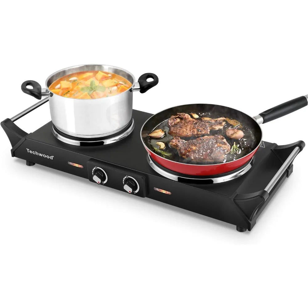 Hot Plate Electric Double Burner 1800W for Cooking with Adjustable Temperature & Stay Cool Handles, Black Stainless Steel