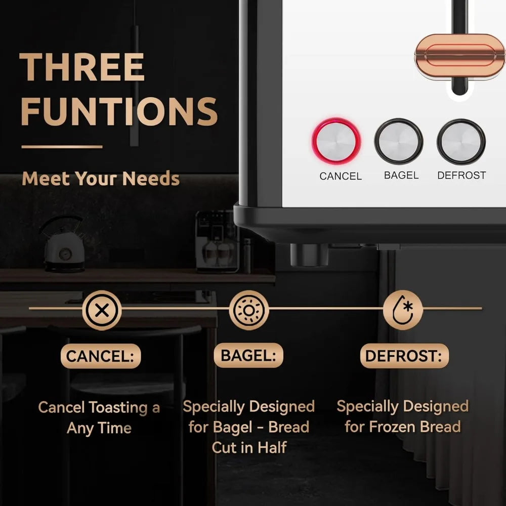 Toaster 4 Slice with Wide Slots, 6 Browning Levels, Stainless Steel, Removable Tray,Cancel/Bagel/Defrost Functions,Black (1400W)