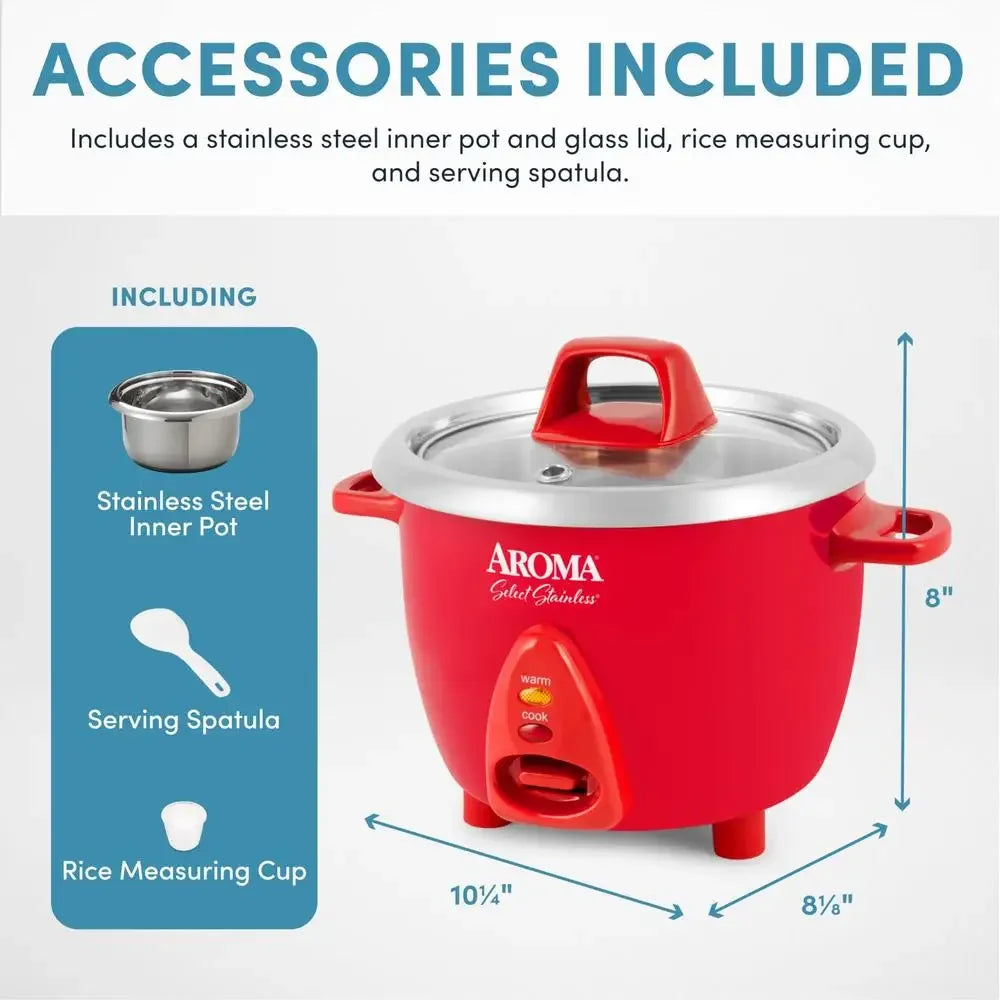 Stainless Rice Cooker Electric One Touch Automatic Cooking Dishwasher Safe Uncoated Inner Pot 6 Cup with Spatula and Measuring