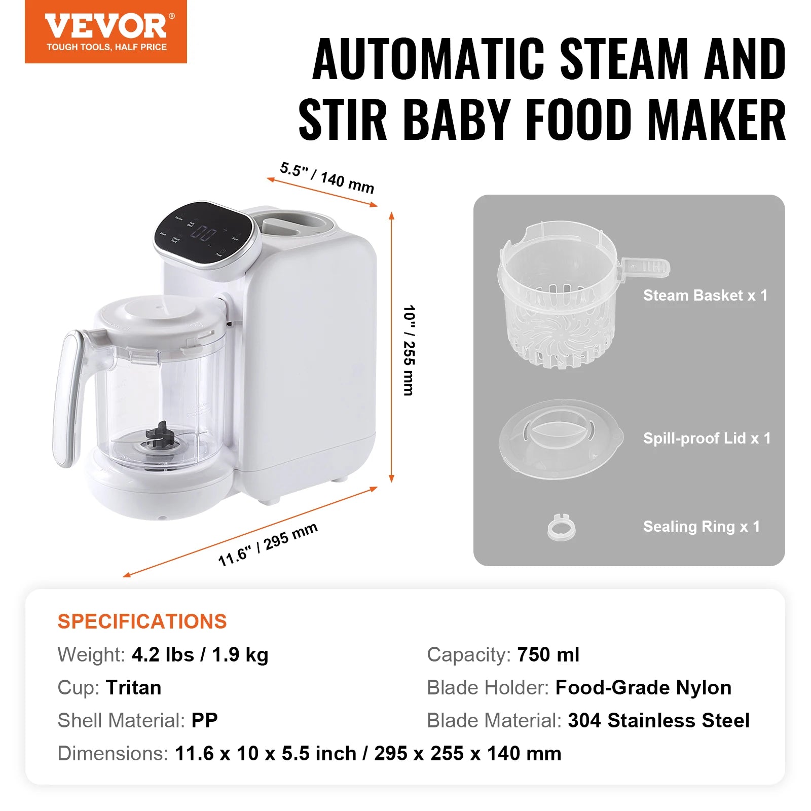 VEVOR Baby Food Maker 430W with 750 ml Tritan Bowl SUS304 5 in 1 Blender Steamer Grinder for Food Fruit Vegetable Meat