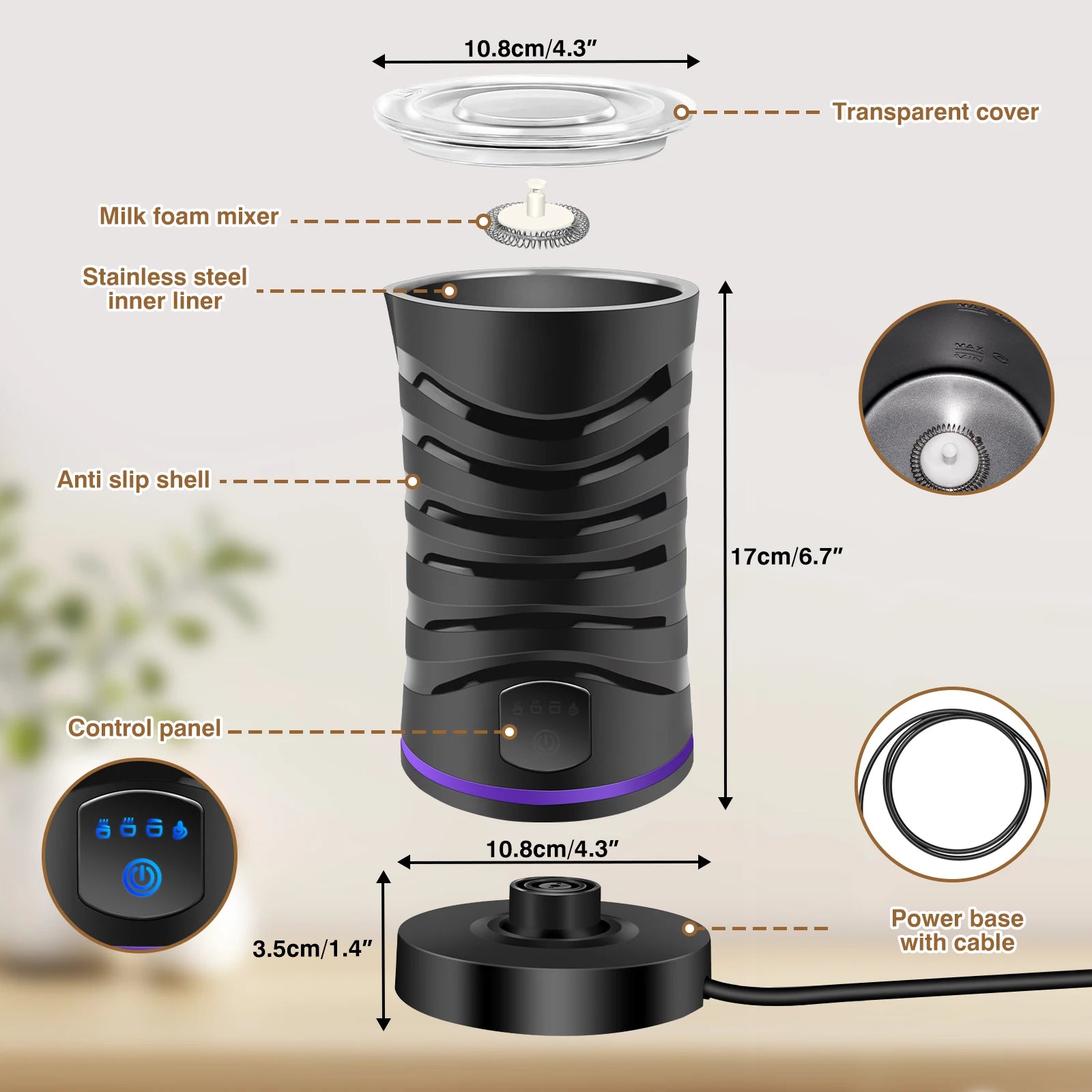 4 in 1 Milk Frother Electric and Steamer 11.8 oz/350ml Hot/Cold Foam Maker Intelligent Temperature Control Electric Milk Warmer