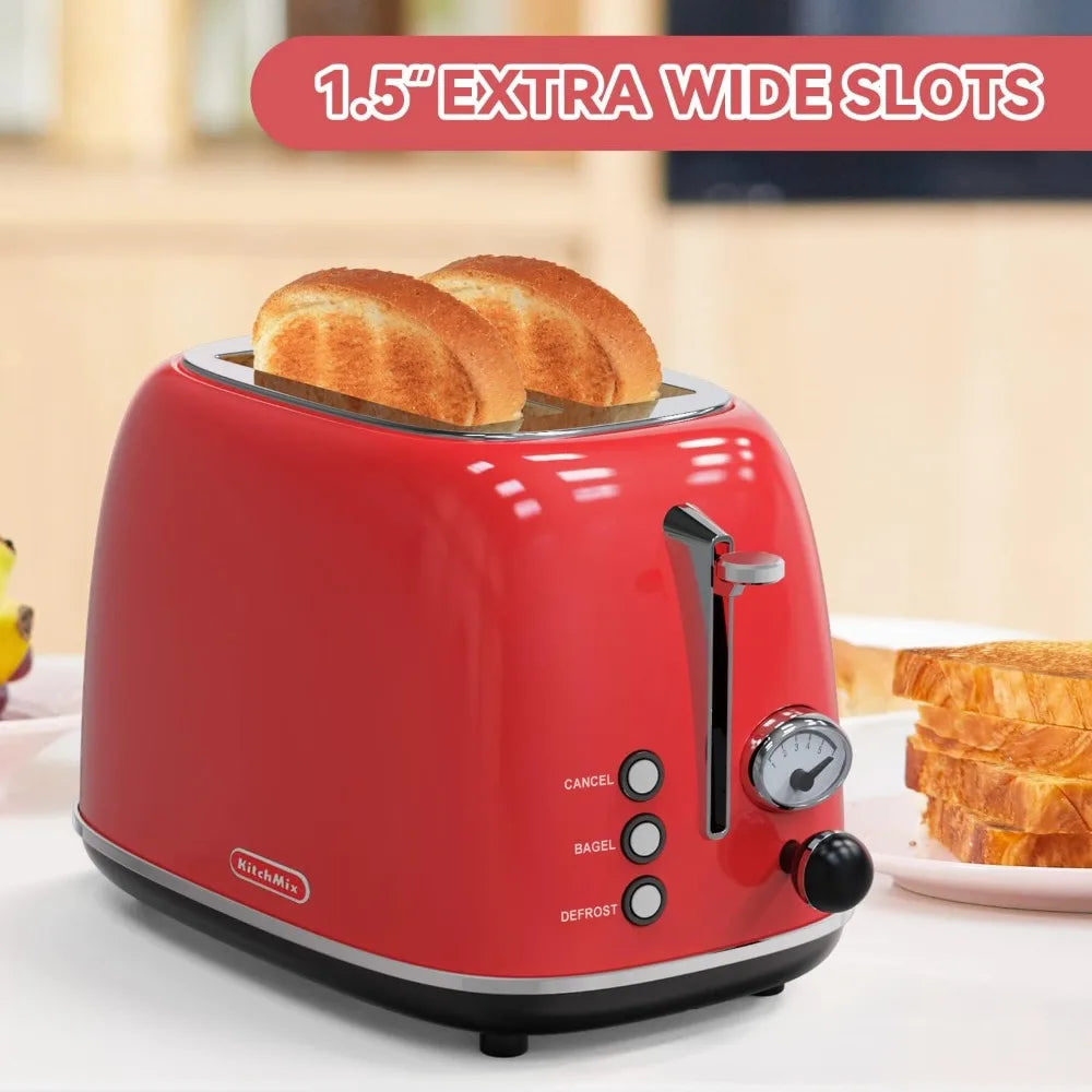 Toaster 2 slice,with 6 Settings, 1.5 In Extra Wide Slots, Bagel/Defrost/Cancel Function, Removable Crumb Tray (Red)