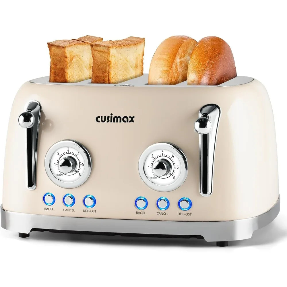 4 Slice Toaster With Wide Slots for Bagels, Stainless Steel, 6 Toast Settings, Bagel, Cancel, Defrost & Reheat Functions, Cream