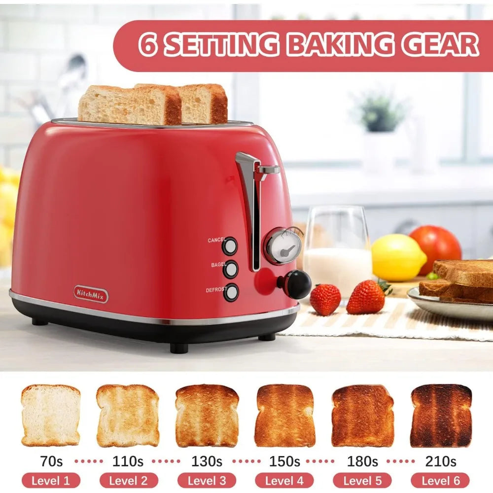 Toaster 2 slice,with 6 Settings, 1.5 In Extra Wide Slots, Bagel/Defrost/Cancel Function, Removable Crumb Tray (Red)