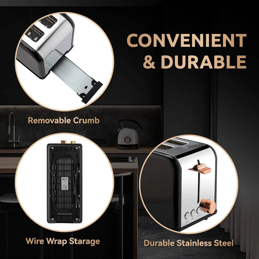 Toaster 4 Slice with Wide Slots, 6 Browning Levels, Stainless Steel, Removable Tray,Cancel/Bagel/Defrost Functions,Black (1400W)