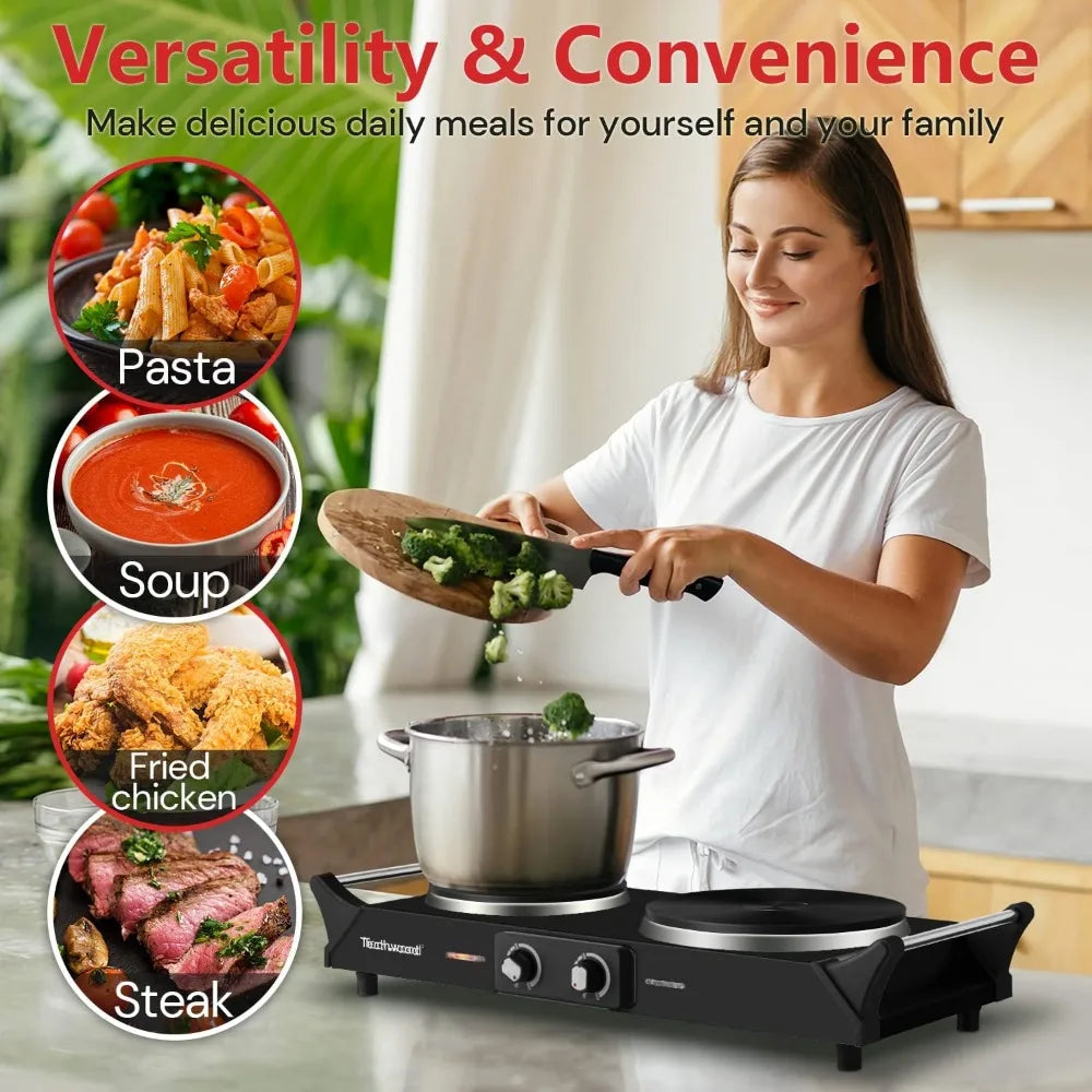 Hot Plate Electric Double Burner 1800W for Cooking with Adjustable Temperature & Stay Cool Handles, Black Stainless Steel