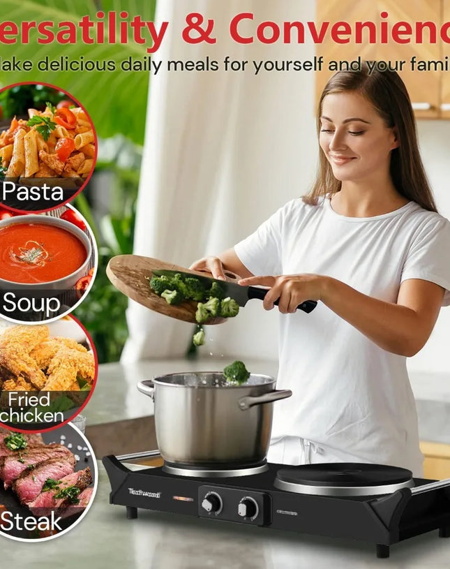 Hot Plate Electric Double Burner 1800W for Cooking with Adjustable Temperature & Stay Cool Handles, Black Stainless Steel