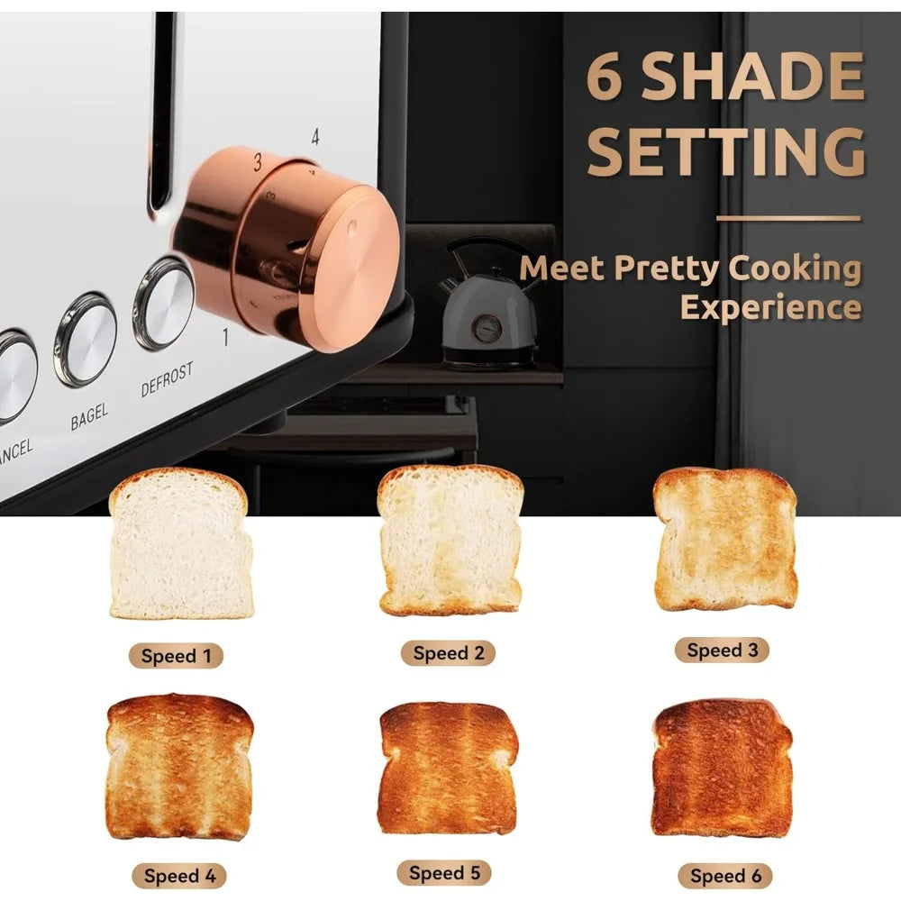 Toaster 4 Slice with Wide Slots, 6 Browning Levels, Stainless Steel, Removable Tray,Cancel/Bagel/Defrost Functions,Black (1400W)