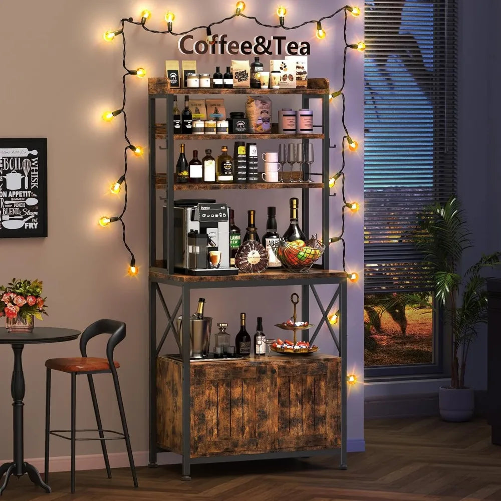 Kitchen Bakers Rack with Power Outlet, 6-Tier Microwave Stand with Storage Cabinet, Kitchen Coffee Bar Cabinet with Storage