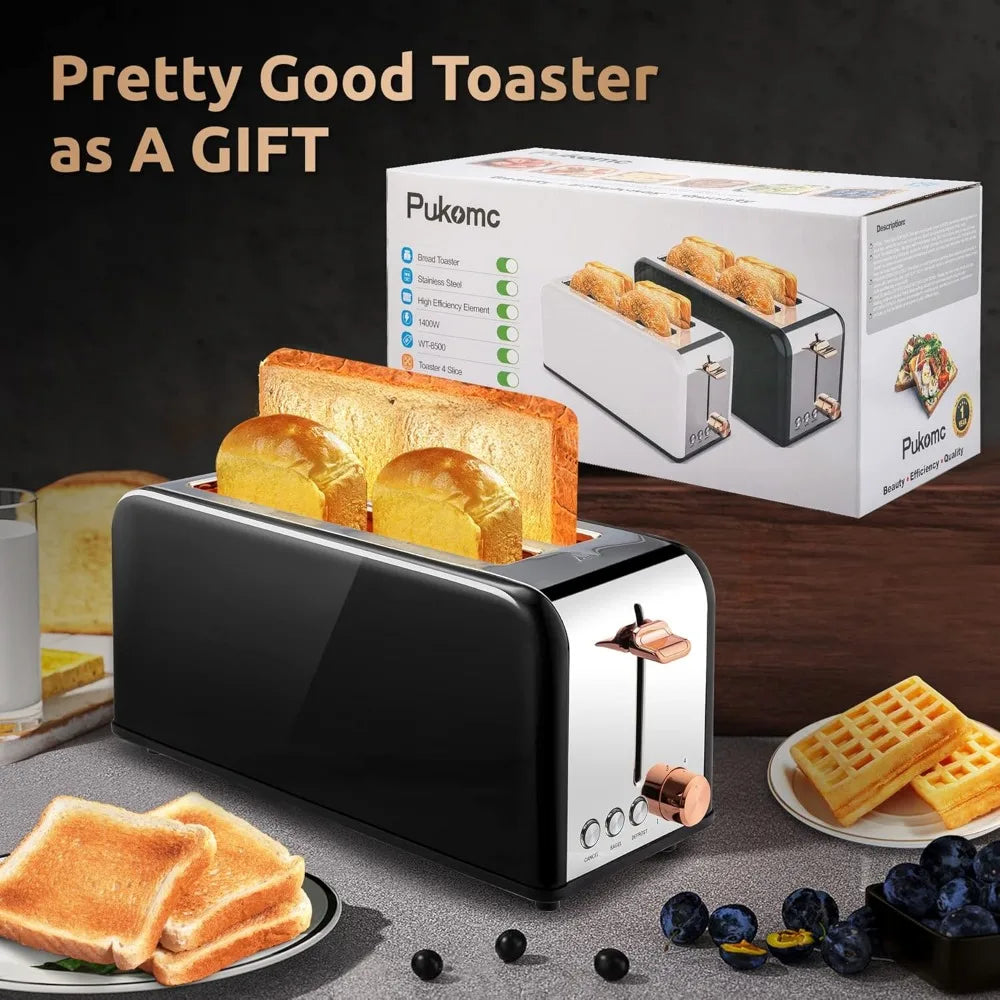 Toaster 4 Slice with Wide Slots, 6 Browning Levels, Stainless Steel, Removable Tray,Cancel/Bagel/Defrost Functions,Black (1400W)