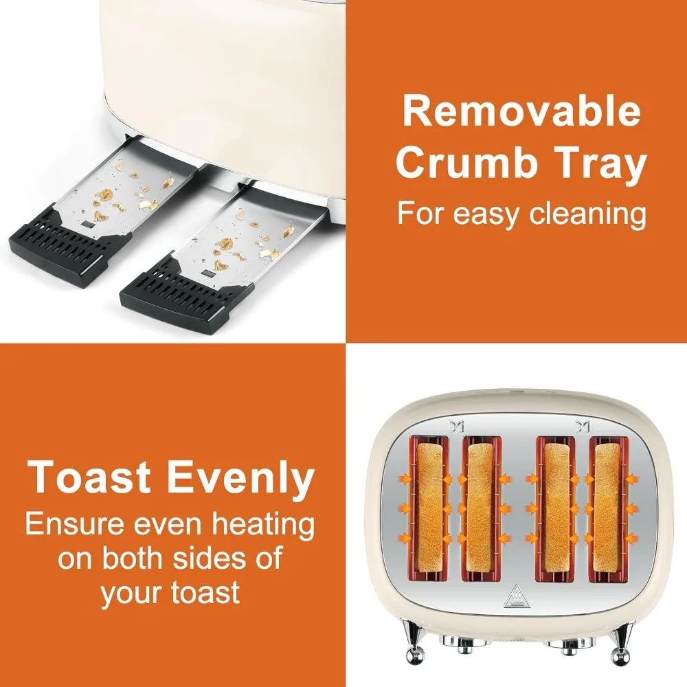 4 Slice Toaster With Wide Slots for Bagels, Stainless Steel, 6 Toast Settings, Bagel, Cancel, Defrost & Reheat Functions, Cream