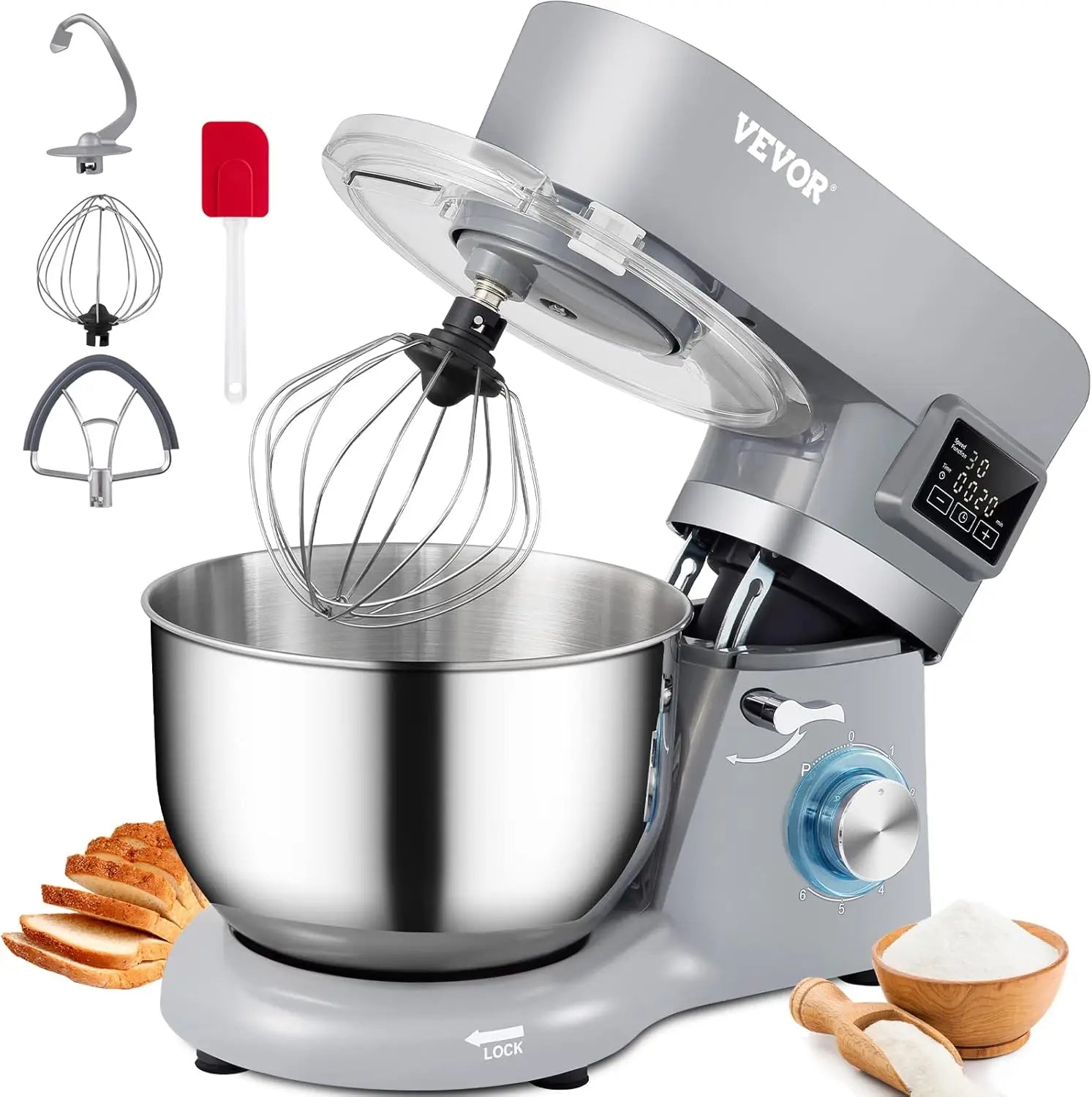 Stand Mixer, 660W Electric Speeds，LCD Screen Timing,5.8 Qt Stainless Steel Bowl, Flat Beater, Whisk, Scraper, Splash-Proof Cover