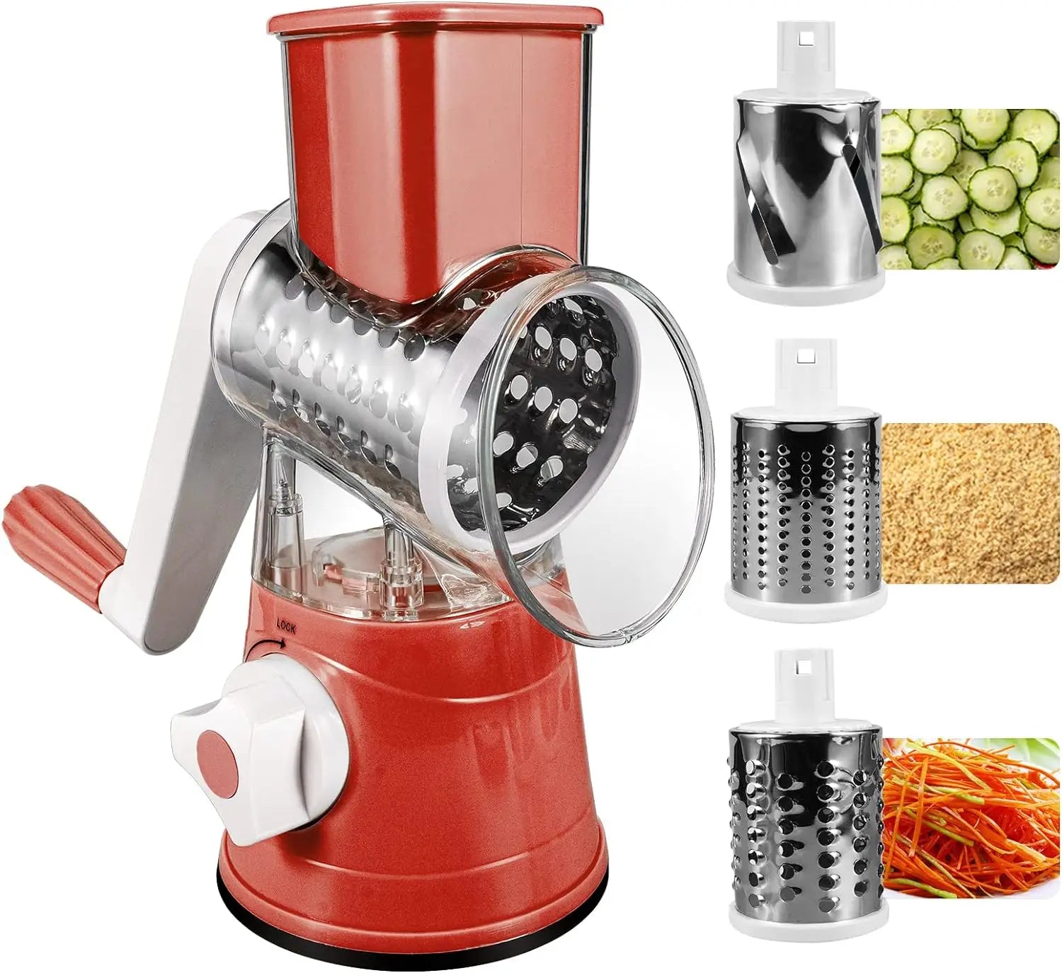 Cheese Grater Rotary, Rotary Grater for Kitchen, 3 in 1 Grater Vegetable Slicer with 3 Drum Blades,Fast Cutting Cheese Shredder