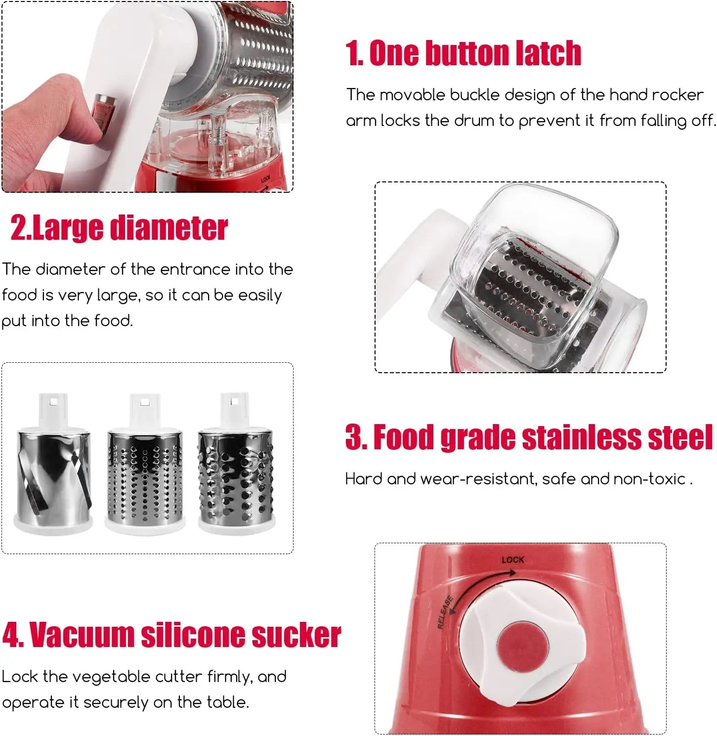 Cheese Grater Rotary, Rotary Grater for Kitchen, 3 in 1 Grater Vegetable Slicer with 3 Drum Blades,Fast Cutting Cheese Shredder