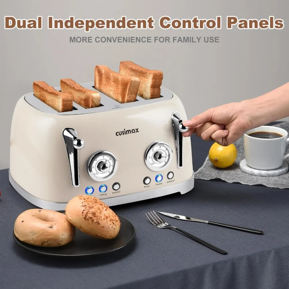 4 Slice Toaster With Wide Slots for Bagels, Stainless Steel, 6 Toast Settings, Bagel, Cancel, Defrost & Reheat Functions, Cream