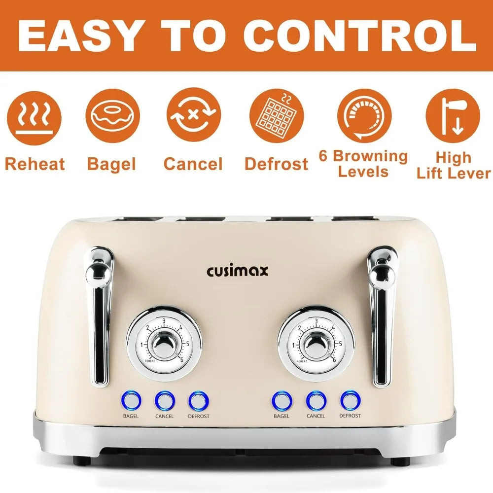 4 Slice Toaster With Wide Slots for Bagels, Stainless Steel, 6 Toast Settings, Bagel, Cancel, Defrost & Reheat Functions, Cream