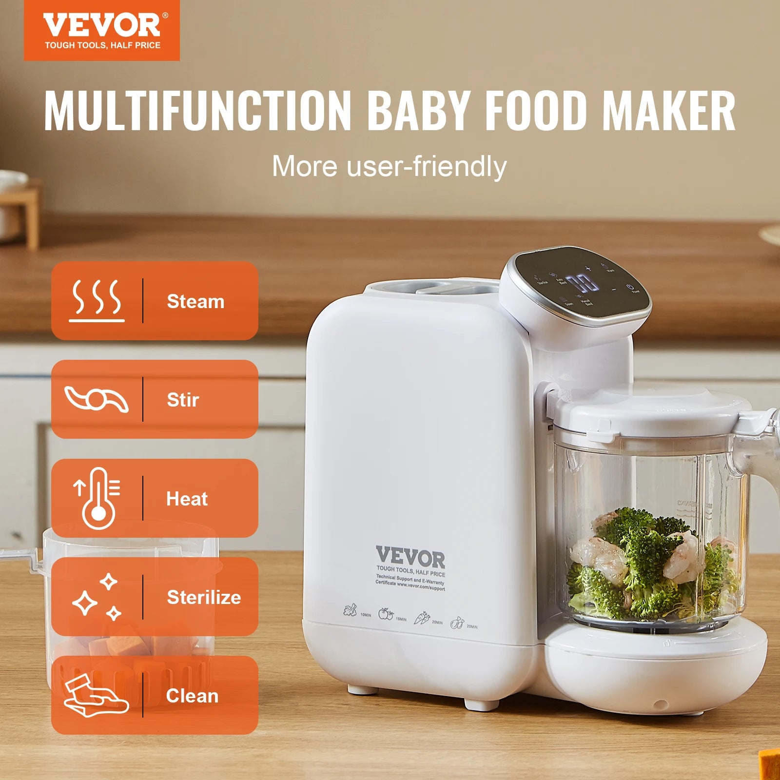 VEVOR Baby Food Maker 430W with 750 ml Tritan Bowl SUS304 5 in 1 Blender Steamer Grinder for Food Fruit Vegetable Meat