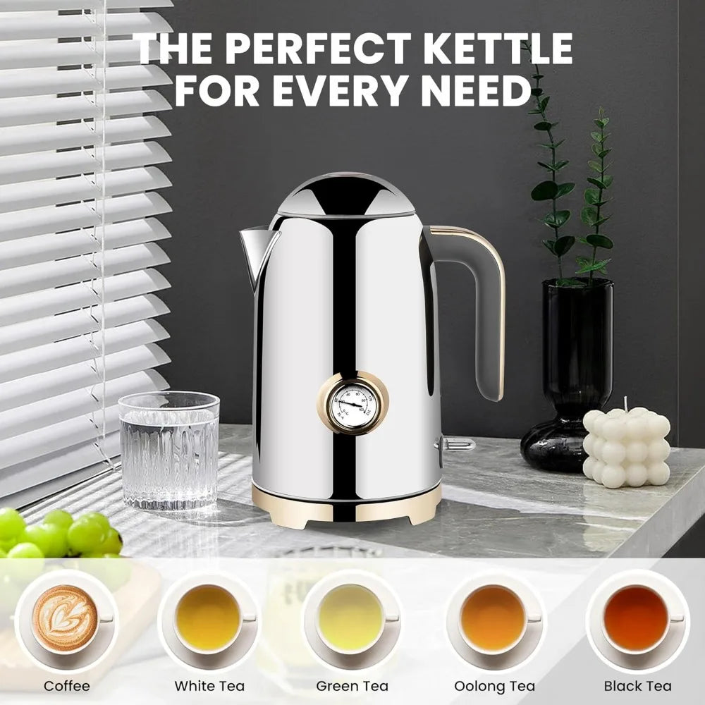 Electric Kettle - 57oz Hot Tea Water Boiler with Thermometer, 1500W Fast Heating Stainless Steel Pot, Cordless LED Indicator