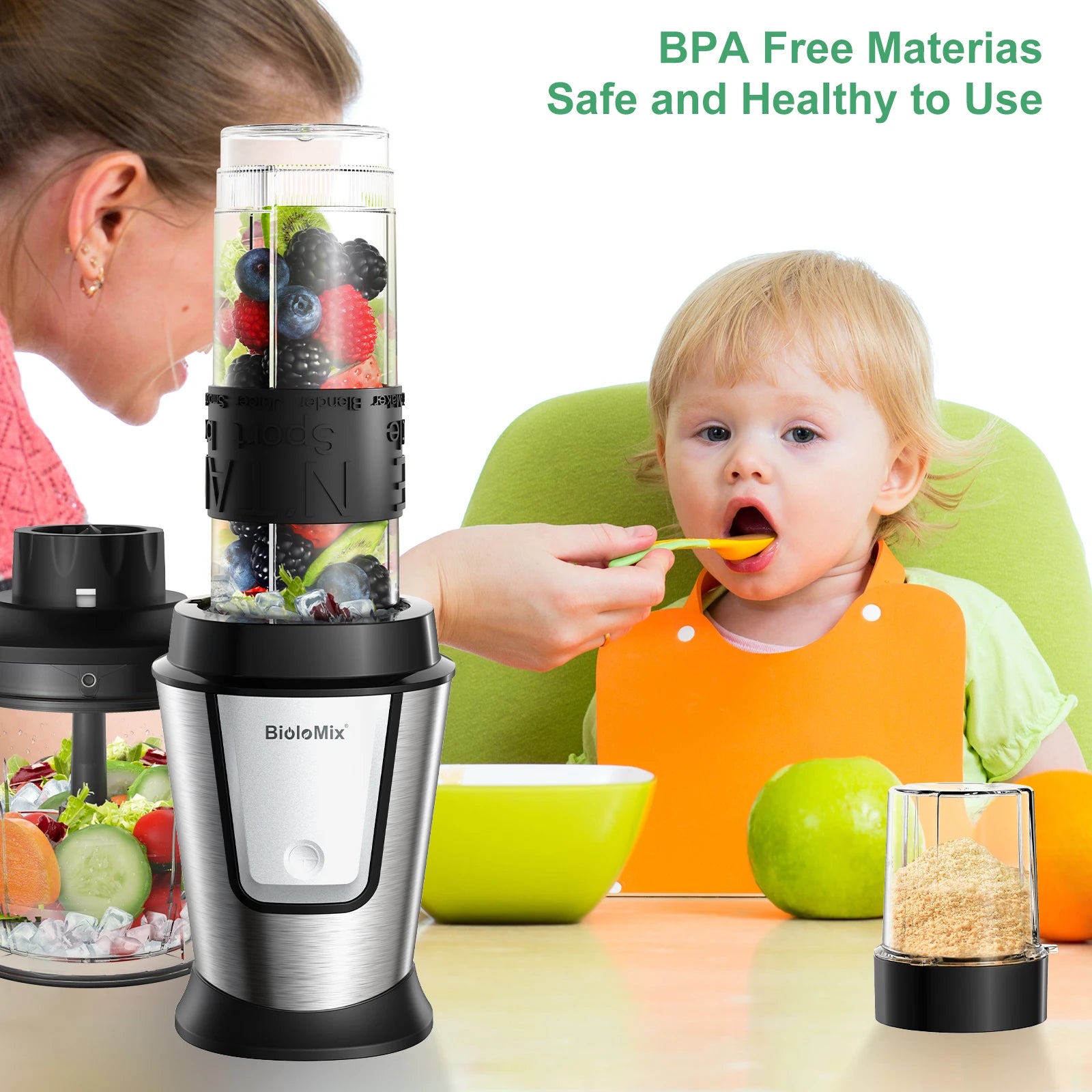 BioloMix 700W 3-in-1 Multifunctional Portable Food Processor Juicer Blender Smoothie Mixer Food Chopper Dry Grinder for Kitchen