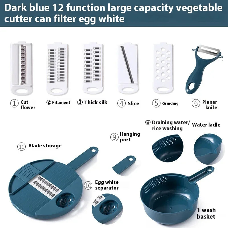 12 in 1 Multi-functional Vegetable Chopper Carrots Potatoes Manually Cut Shred Slicer Radish Grater with Container Kitchen Tools
