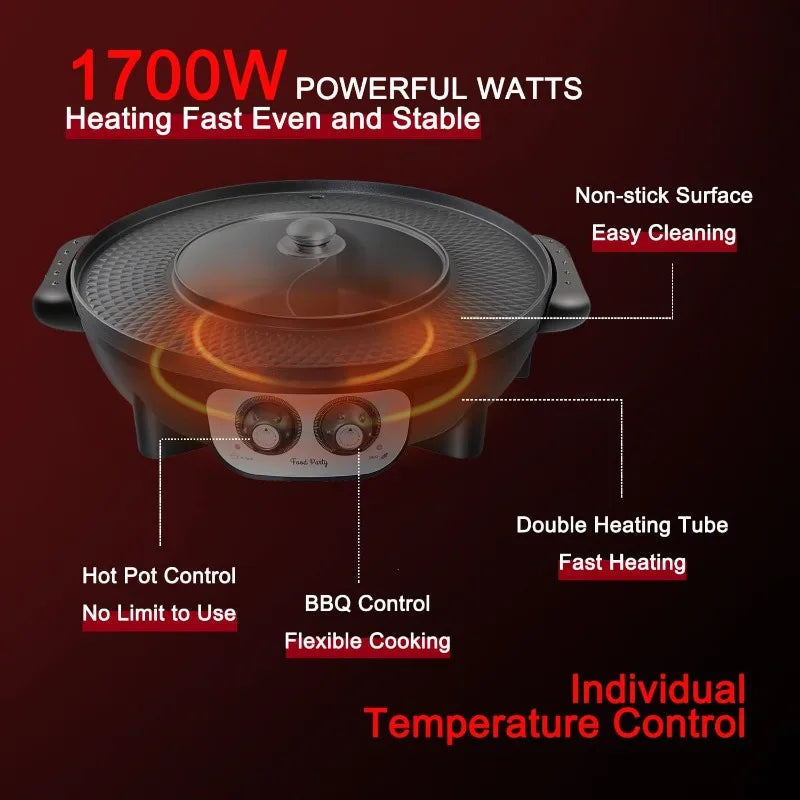 Hot Pot with Grill 2 in 1 Electric Smokeless Grill and Hotpot Pot Combo Korean BBQ Grill 110V 1700W