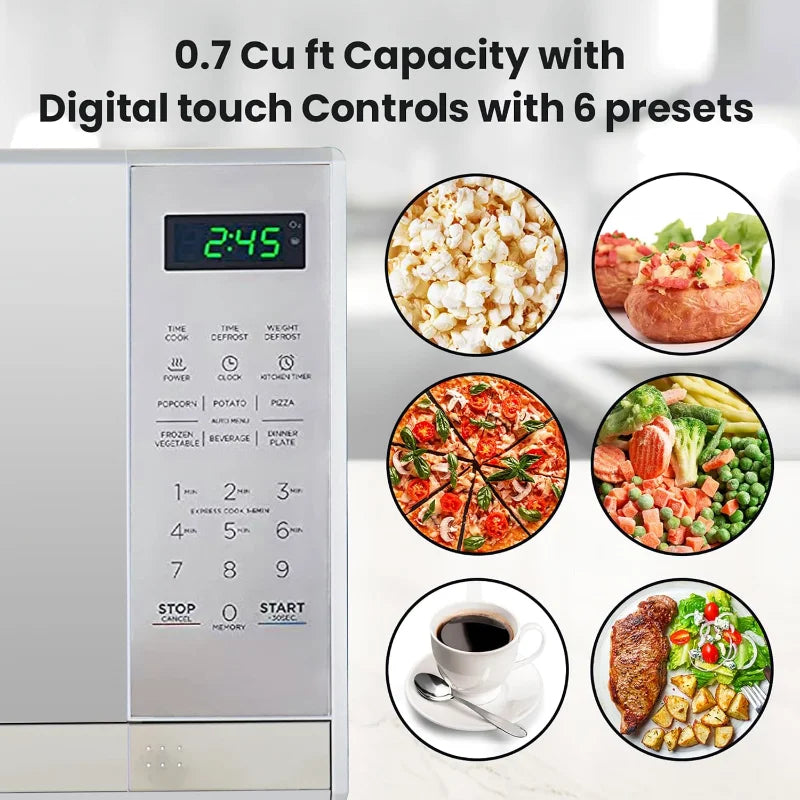 0.7 Cu Ft Microwave Oven - Stainless Steel Compact Style Microondas, Smart Countertop Kitchen Appliance With Digital Touch